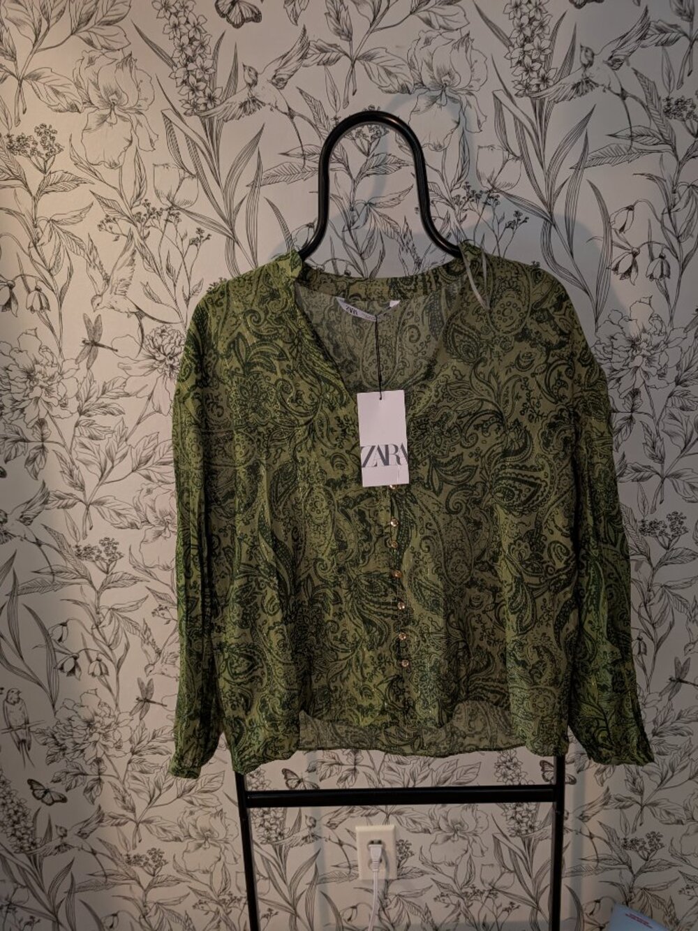 Zara Paisley Print Sheer Blouse with Gold Detail| Size Medium | NWT